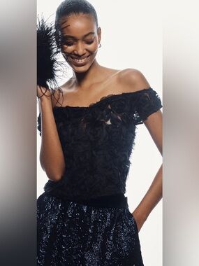 Anthropologie Maeve Off-Shoulder Rosette Top - Black Onyx